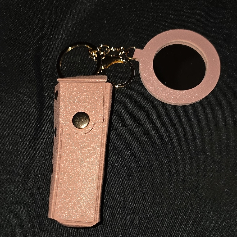 Pink Keychain with Round Mirror and Lipstick Holder